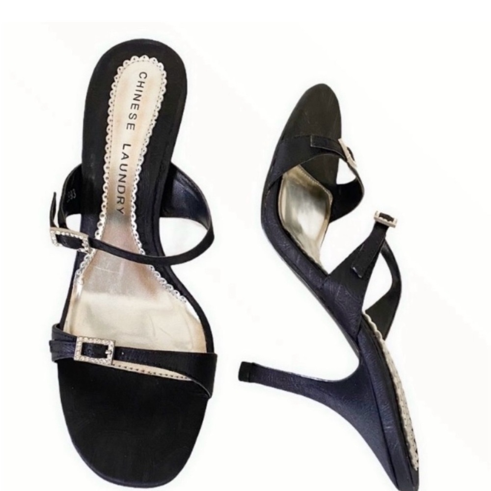 Chinese Laundry Size 9M Black Satin Summer Mules High Heel Sandals